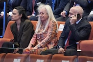 Miriam Adelson (center) arrives before President Donald Trump speaks to the Knesset,...