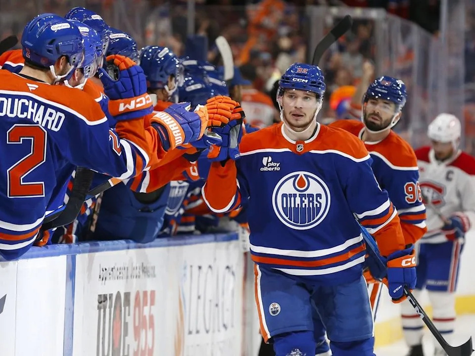 Vasily Podkolzin #92 of the Edmonton Oilers celebrates a goal against the Montreal Canadiens during the third period at Rogers Place on October 23, 2025 in Edmonton, Canada.