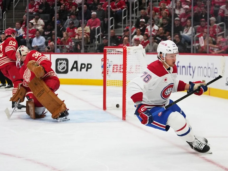  Montreal Canadiens right wing Zack Bolduc (76) scores on Detroit Red Wings goalie John Gibson (36) in the first period of an NHL hockey game Thursday, Oct. 9, 2025, in Detroit.