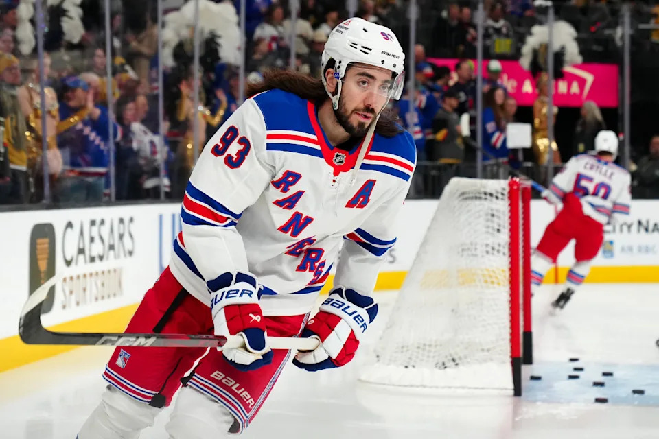 New York Rangers center Mika Zibanejad (93) warms up before a game at T-Mobile Arena.Stephen R&period; Sylvanie-Imagn Images