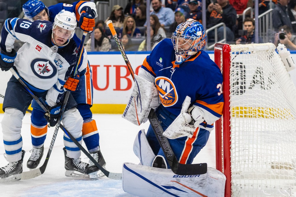 Ilya Sorokin #30 of the New York Islanders defends the net during the second period at UBS Arena, Monday, Oct. 13, 2025.