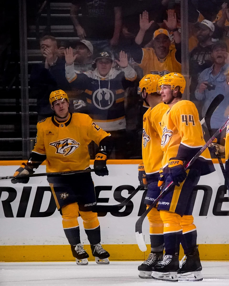 Nashville Predators center Brady Martin (44) celebrates his goal against the Tampa Bay Lightning during the second period at Bridgestone Arena in Nashville, Tenn., Tuesday, Sept. 23, 2025.