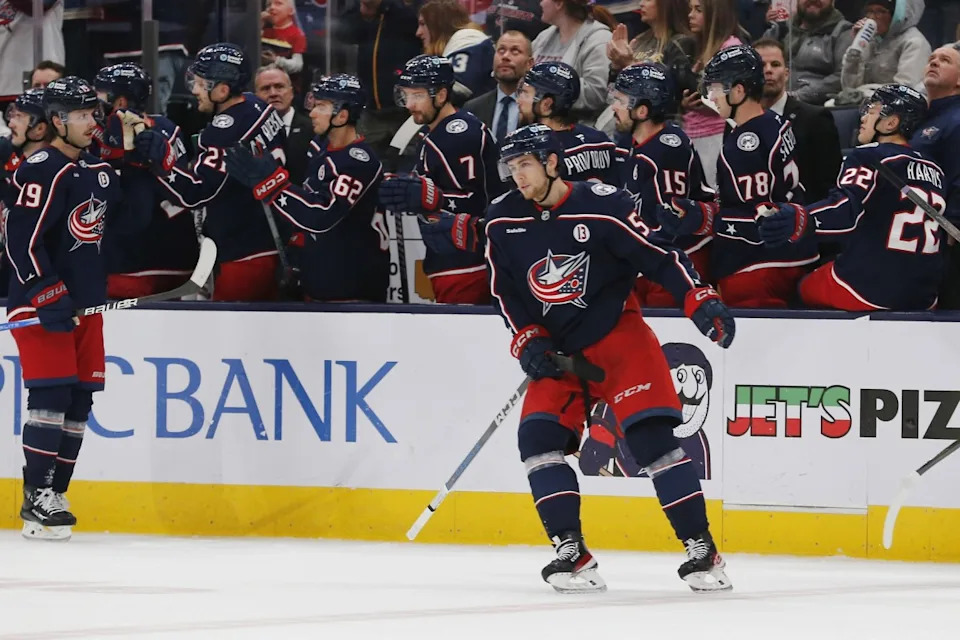 Columbus Blue Jackets right wing Yegor Chinakhov (59) celebrates a goal.Russell LaBounty-Imagn Images