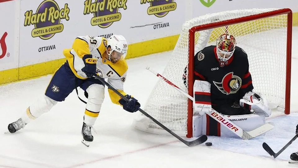  Linus Ullmark of the Ottawa Senators makes a save against Roman Josi of the Nashville Predators during second-period action at the Canadian Tire Centre in Ottawa Monday.