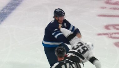 Luke Schenn drops Jeff Malott with a mean left hand on Saturday.