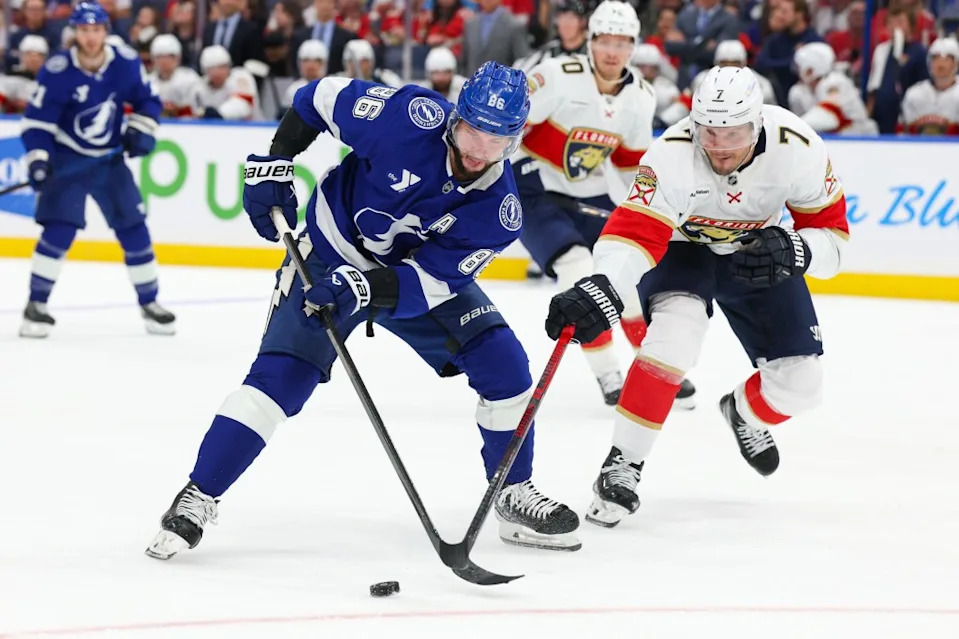 Lightning right wing Nikita Kucherov (86) controls the puck against the Florida Panthers. Nathan Ray Seebeck-Imagn Images