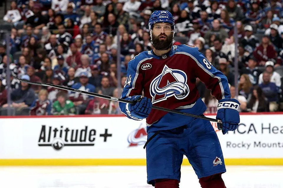 Brent Burns of the Colorado Avalanche plays the Utah Mammoth in the third period at Ball Arena on October 9, 2025 in Denver, Colorado.