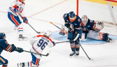 Spokane Chiefs forward Mathis Preston (96) buries a goal against the Kamloops Blazers during the 2024-2025 WHL season. The Penticton-born forward is among the seven WHL players to earn &lsquo;A&rsquo; ratings in the NHL Central Scouting&rsquo;s Preliminary Players to Watch List ahead of the 2026 draft.
