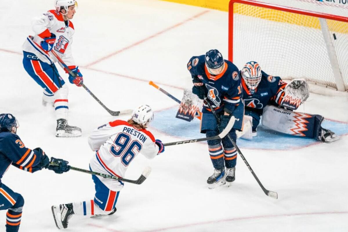 Spokane Chiefs forward Mathis Preston (96) buries a goal against the Kamloops Blazers during the 2024-2025 WHL season. The Penticton-born forward is among the seven WHL players to earn &lsquo;A&rsquo; ratings in the NHL Central Scouting&rsquo;s Preliminary Players to Watch List ahead of the 2026 draft.