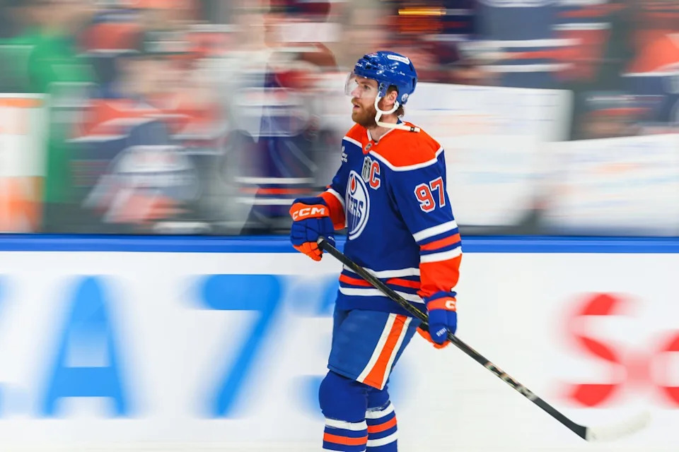 Edmonton Oilers center Connor McDavid (97) skates during the warmup period.Sergei Belski-Imagn Images&NewLine;