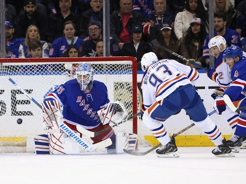  Igor Shesterkin #31 of the New York Rangers makes a second period save against Ryan Nugent-Hopkins #93 of the Edmonton Oilers at Madison Square Garden on March 16, 2025 in New York City.
