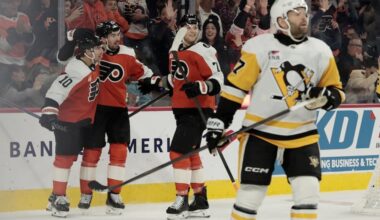 Flyers # 10 Bobby Brink, # 27 Noah Cates, and # 71 Tyson Forester after Brink scored to tie the game 1-1 in the first period of the Pittsburgh Penguins at Philadelphia Flyers NHL game at Xfinity Mobile Arena in Philadelphia on Tuesday, October 28, 2025.