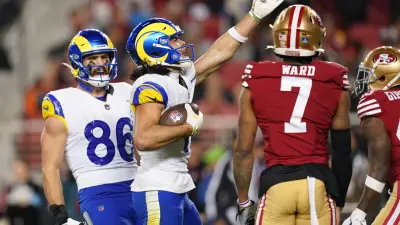 Dec 12, 2024; Santa Clara, California, USA; Los Angeles Rams wide receiver Puka Nacua (17) reacts after making a catch for a first down next to San Francisco 49ers cornerback Charvarius Ward (7) in the fourth quarter at Levi's Stadium.