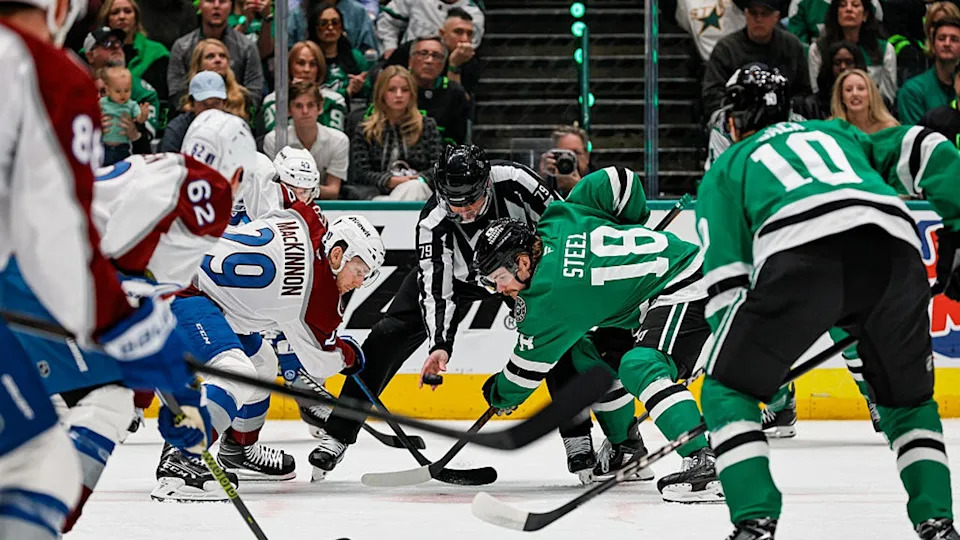 <div>DALLAS, TX - MAY 03: Colorado Avalanche center Nathan MacKinnon (29) and Dallas Stars center Sam Steel (18) wait for the puck to drop during game 7 of the first round of the Stanley Cup Playoffs between the Dallas Stars and the Colorado Avalanche on May 3, 2025 at American Airlines Center in Dallas, Texas. (Photo by Matthew Pearce/Icon Sportswire via Getty Images)</div>