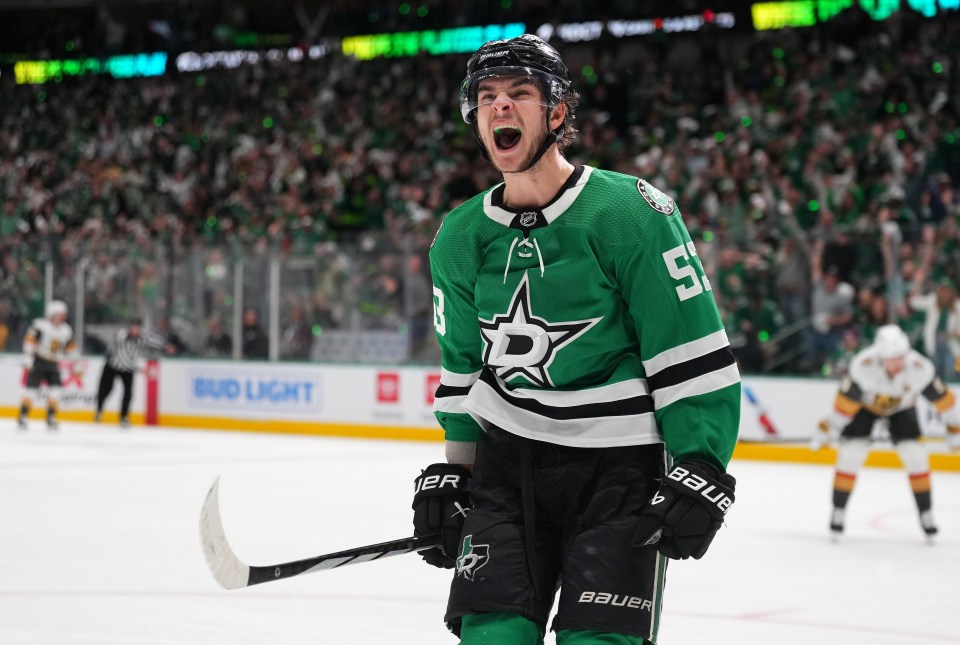 Dallas Stars' Wyatt Johnston celebrates scoring a goal against the Vegas Golden Knights.