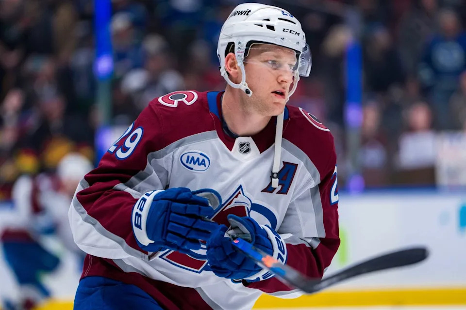 Colorado Avalanche forward Nathan MacKinnon (29) skates during warm up at Rogers Arena.Bob Frid-Imagn Images