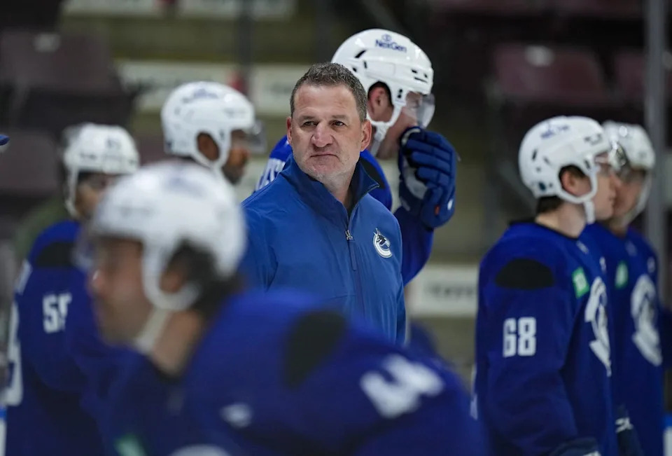 Vancouver Canucks head coach Adam Foote looks on during the opening day of the NHL hockey team's training camp, in Penticton, B.C., on Thursday, September 18, 2025.