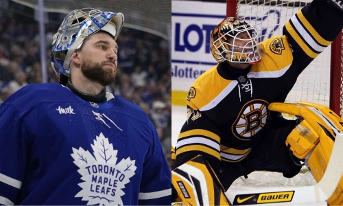 Toronto Maple Leafs goaltender Anthony Stolarz (left) and former Boston Bruins goaltender Tim Thomas (right) Toronto Maple Leafs goaltender Anthony Stolarz (left) and former Boston Bruins goaltender Tim Thomas (right)