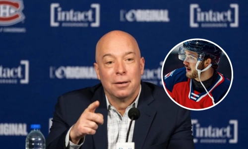 Canadiens GM Kent Hughes and Brendan Brisson.