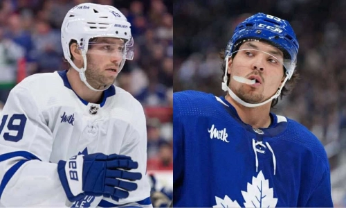Toronto Maple Leafs forwards Calle Jarnkrok (left) and Nicholas Robertson (right)