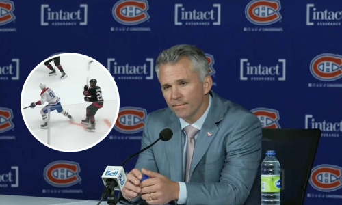 Montreal Canadiens coach Martin St-Louis, Ivan Demidov getting slashed by Nick Cousins
