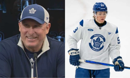 Toronto Maple Leafs head coach Craig Berube (left) and Toronto Maple Leafs prospect Easton Cowan (right).