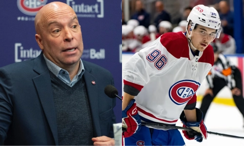 Canadiens GM Kent Hughes and Florian Xhekaj