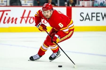 Sep 23, 2025; Calgary, Alberta, CAN; Calgary Flames center Rory Kerins (6) controls the puck against the Seattle Kraken during the second period at Scotiabank Saddledome. Mandatory Credit: Sergei Belski-Imagn Images Sep 23, 2025; Calgary, Alberta, CAN; Calgary Flames center Rory Kerins (6) controls the puck against the Seattle Kraken during the second period at Scotiabank Saddledome. Mandatory Credit: Sergei Belski-Imagn Images