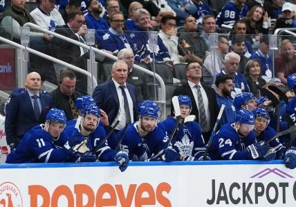 Oct 2, 2025; Toronto, Ontario, CAN; Toronto Maple Leafs head coach Graig Berube watches the play against the Detroit Red Wings during the third period at Scotiabank Arena Oct 2, 2025; Toronto, Ontario, CAN; Toronto Maple Leafs head coach Graig Berube watches the play against the Detroit Red Wings during the third period at Scotiabank Arena