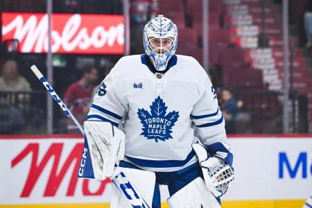 Toronto Maple Leafs goaltender Dennis Hildeby in action against the Montreal Canadiens.