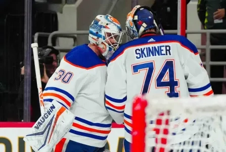 Stuart Skinner and Calvin Pickard of the Edmonton Oilers.