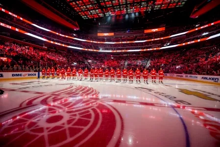 Detroit Red Wings on the ice at Little Caesars Arena Detroit Red Wings on the ice at Little Caesars Arena