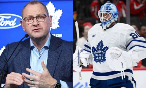 Maple Leafs GM Brad Treliving and goaltender Joseph Woll