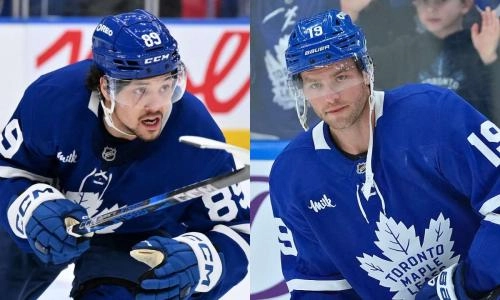 Toronto Maple Leafs forwards Nick Robertson (left) and Calle Jarnkrok (right).