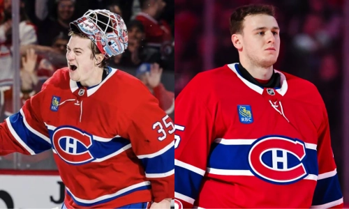 Canadiens goalies Samuel Montembeault (left) Jakub Dobes (right) Canadiens goalies Samuel Montembeault (left) Jakub Dobes (right)