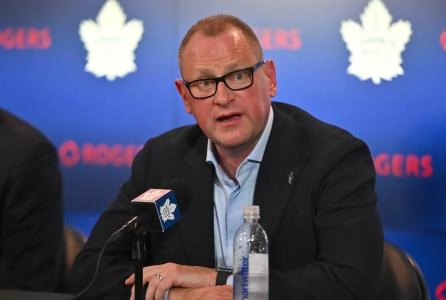 Jun 1, 2023; Toronto, Ontario, CANADA; Toronto Maple Leafs new general manager Brad Treliving is introduced at a press conference at Scotiabank Arena. Mandatory Credit: Dan Hamilton-Imagn Images