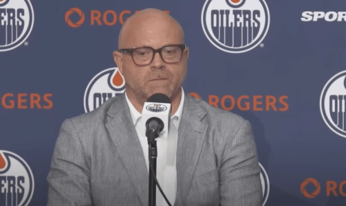 Oilers' GM Stan Bowman addresses the media during team availability
