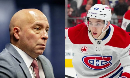 Canadiens GM Kent Hughes (left) Lane Hutson (right)