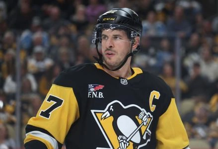 Oct 11, 2025; Pittsburgh, Pennsylvania, USA; Pittsburgh Penguins center Sidney Crosby (87) looks on against the New York Rangers during the third period at PPG Paints Arena. Mandatory Credit: Charles LeClaire-Imagn Images