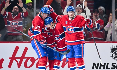 Patrik Laine, Ivan Demidov and Noah Dobson celebrating a goal vs. Kraken.