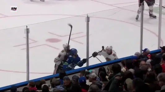 Jason Dickinson hitting Filip Chytil into the boards. Jason Dickinson hitting Filip Chytil into the boards.