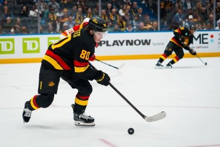 Oct 9, 2025; Vancouver, British Columbia, CAN; Vancouver Canucks forward Braeden Cootes (80) handles the puck against the Calgary Flames in the third period at Rogers Arena.