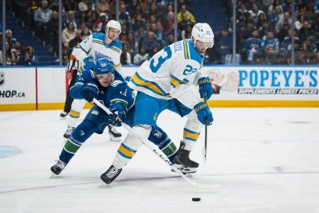 Oct 13, 2025; Vancouver, British Columbia, CAN; Vancouver Canucks forward Aatu Raty (54) stick checks St. Louis Blues defenseman Logan Mailloux (23) in the second period at Rogers Arena. Mandatory Credit: Bob Frid-Imagn Images