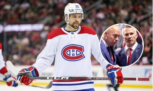 Alex Belzile (left) Canadiens GM Kent Hughes and coach Martin St-Louis (right)