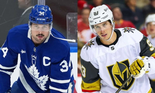 Toronto Maple Leafs captain Auston Matthews (34) (left) and Vegas Golden Knights right wing Mitch Marner (93) (right) Toronto Maple Leafs captain Auston Matthews (34) (left) and Vegas Golden Knights right wing Mitch Marner (93) (right)