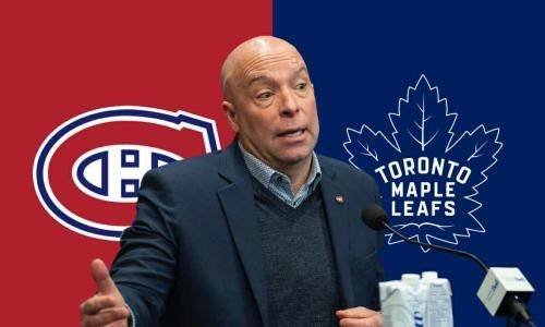 Photo of Kent Hughes, Canadiens and Maple Leafs logos