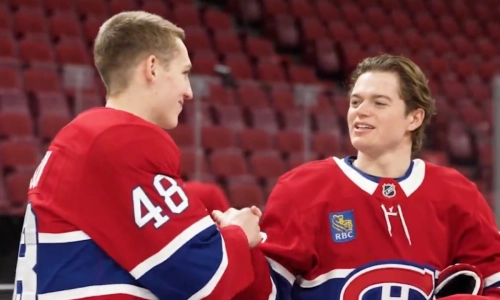 Canadiens defenseman Lane Hutson and Cole Caufield Canadiens defenseman Lane Hutson and Cole Caufield