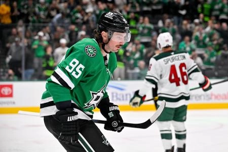Oct 14, 2025; Dallas, Texas, USA; Dallas Stars center Matt Duchene (95) skates off the ice during the game between the Dallas Stars and the Minnesota Wild at American Airlines Center.