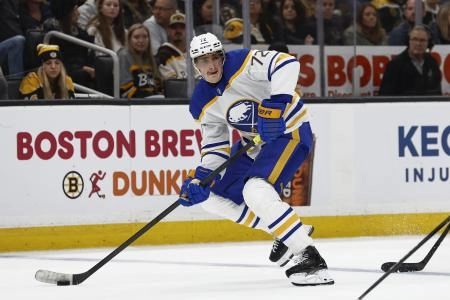 Oct 11, 2025; Boston, Massachusetts, USA; Buffalo Sabres center Tage Thompson (72) looks to pass against the Boston Bruins during the second period at TD Garden. Mandatory Credit: Winslow Townson-Imagn Images
