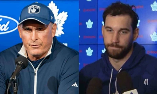 Toronto Maple Leafs head coach Craig Berube (left) and goaltender Anthony Stolarz (right).